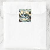 日本の浮世絵風富士山湖の舟松の木 スクエアシール (バッグ)