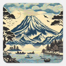 日本の浮世絵風富士山湖の舟松の木 スクエアシール