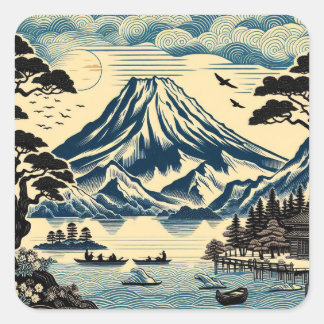 日本の浮世絵風富士山湖の舟松の木 スクエアシール