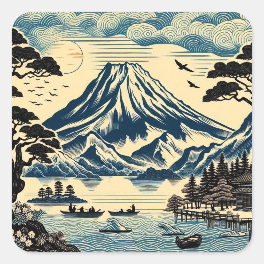 日本の浮世絵風富士山湖の舟松の木 スクエアシール (正面)