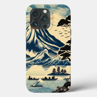 日本の浮世絵風富士山湖の舟松の木 iPhone 13 PROケース