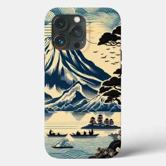 日本の浮世絵風富士山湖の舟松の木 Case-Mate iPhoneケース (裏面)