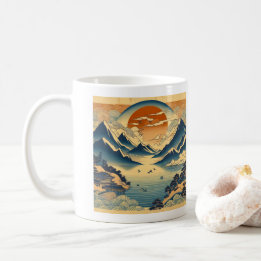 日本の浮世絵風景画 山の夕焼け 寺 湖 コーヒーマグカップ