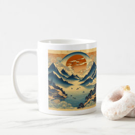 日本の浮世絵風景画 山の夕焼け 寺 湖 コーヒーマグカップ