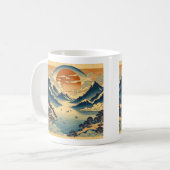 日本の浮世絵風景画 山の夕焼け 寺 湖 コーヒーマグカップ (正面左)