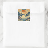 日本の浮世絵風景画 山の夕焼け 寺 湖 スクエアシール (バッグ)