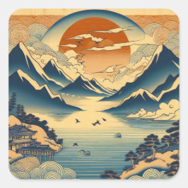 日本の浮世絵風景画 山の夕焼け 寺 湖 スクエアシール