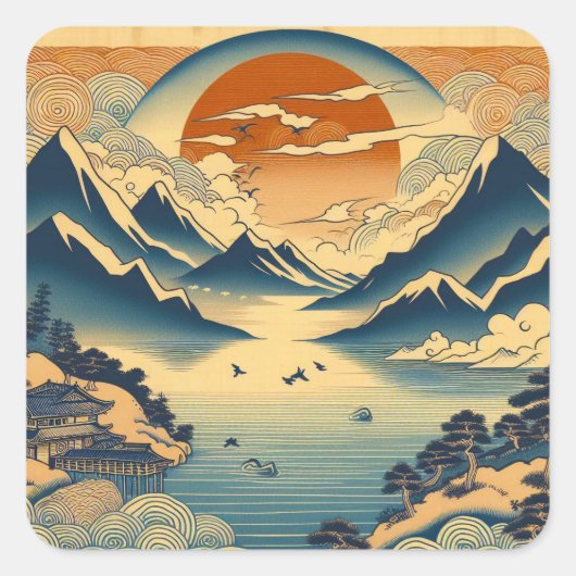 日本の浮世絵風景画 山の夕焼け 寺 湖 スクエアシール (正面)