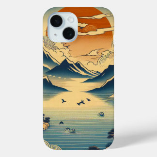日本の浮世絵風景画 山の夕焼け 寺 湖 iPhone 15ケース