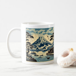 日本の浮世絵風 富士山 湖の舟 松の木 コーヒーマグカップ