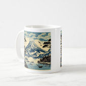 日本の浮世絵風 富士山 湖の舟 松の木 コーヒーマグカップ (正面左)