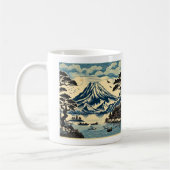 日本の浮世絵風 富士山 湖の舟 松の木 コーヒーマグカップ (左)