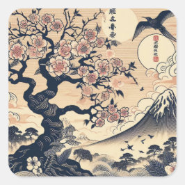 日本の浮世絵風 桜と鶴 富士山 スクエアシール