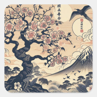 日本の浮世絵風 桜と鶴 富士山 スクエアシール