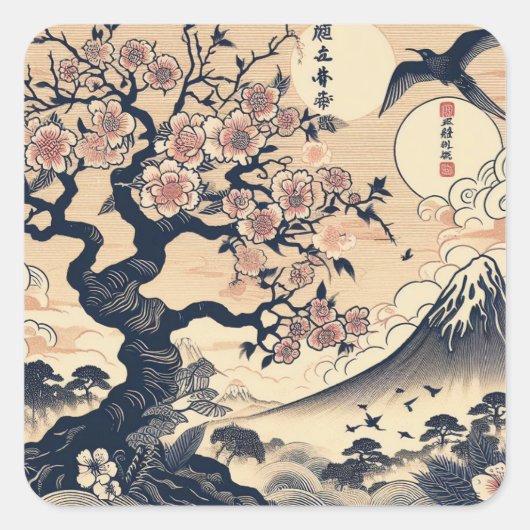 日本の浮世絵風 桜と鶴 富士山 スクエアシール (正面)