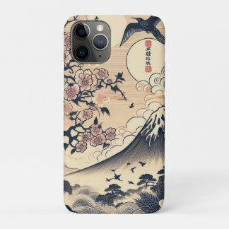 日本の浮世絵風 桜と鶴 富士山 iPhone 11 PROケース