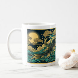 日本の浮世絵 ゴールデン+コイ+フィッシュ+躍動+波 A コーヒーマグカップ