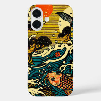 日本の浮世絵 ゴールデン+コイ+ボタン+波の芸術 iPhone 16ケース