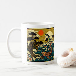 日本の浮世絵 ゴールデン+コイ+牡丹+波の芸術 コーヒーマグカップ