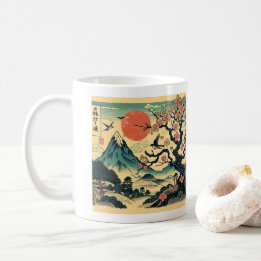 日本の浮世絵 桜と赤い太陽 富士山 コーヒーマグカップ