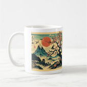 日本の浮世絵 桜と赤い太陽 富士山 コーヒーマグカップ (左)