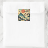 日本の浮世絵 桜と赤い太陽 富士山 スクエアシール (バッグ)