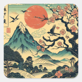 日本の浮世絵 桜と赤い太陽 富士山 スクエアシール