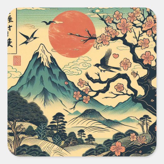 日本の浮世絵 桜と赤い太陽 富士山 スクエアシール (正面)