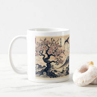 日本の浮世絵 桜と鶴と富士山 コーヒーマグカップ