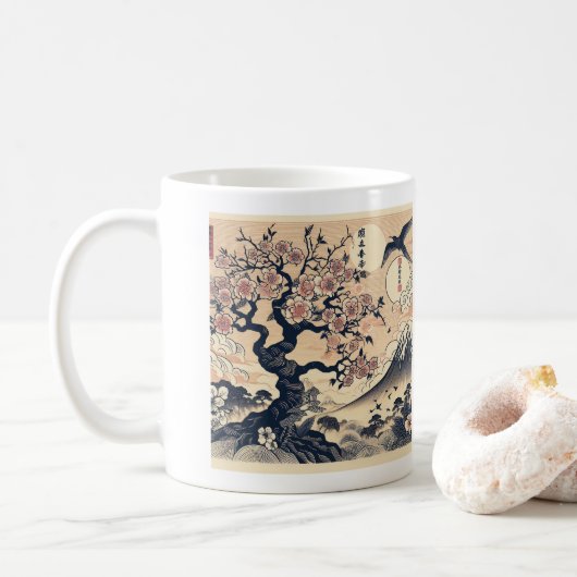 日本の浮世絵 桜と鶴と富士山 コーヒーマグカップ (ドーナツ)