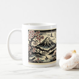 日本の浮世絵 桜の太陽 富士山 コーヒーマグカップ
