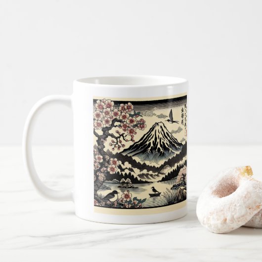 日本の浮世絵 桜の太陽 富士山 コーヒーマグカップ (ドーナツ)