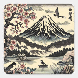 日本の浮世絵 桜の太陽 富士山 スクエアシール