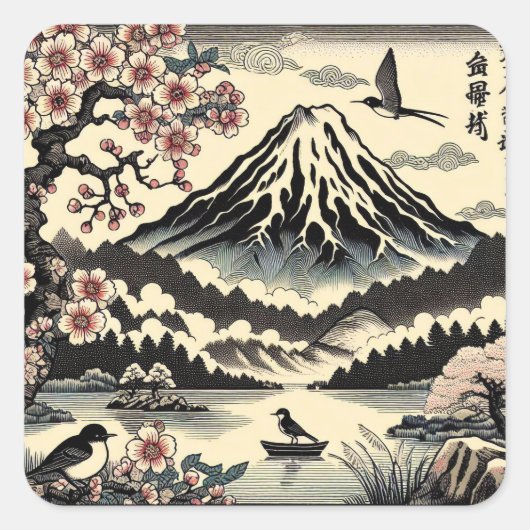 日本の浮世絵 桜の太陽 富士山 スクエアシール (正面)