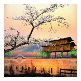 日本の湖畔の別荘に沈む夕日 静かなる花開く フォトプリント           