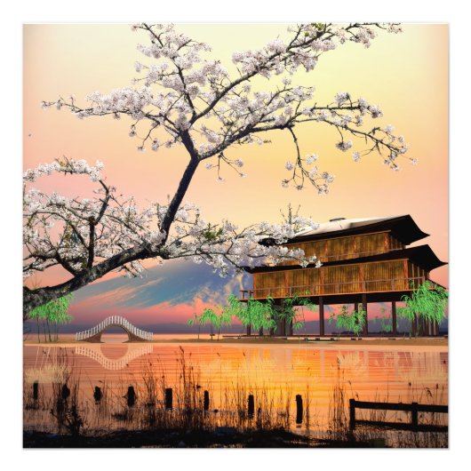 日本の湖畔の別荘に沈む夕日 静かなる花開く フォトプリント            (正面)