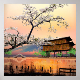 日本の湖畔の家に沈む夕日 静かなる花開き ポスター