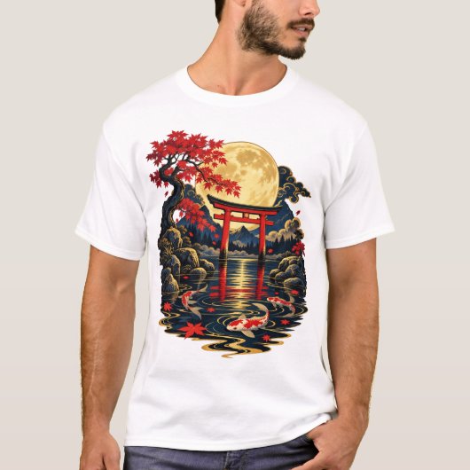 日本の満月と鯉の池の夜Tシャツ Tシャツ (正面)
