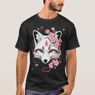 日本の狐 白狐 アニメ かわいい 桜 Tシャツ