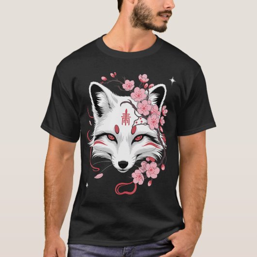 日本の狐 白狐 アニメ かわいい 桜 Tシャツ (正面)