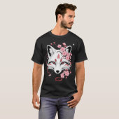 日本の狐 白狐 アニメ かわいい 桜 Tシャツ (正面フル)