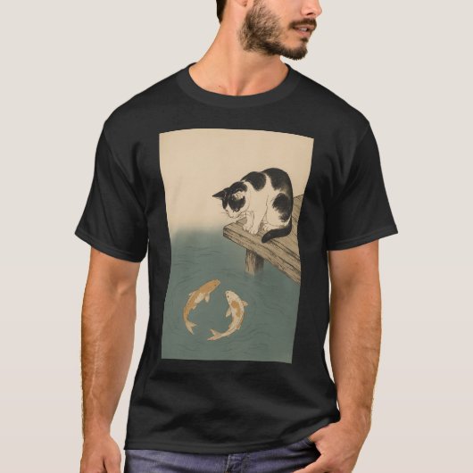 日本の猫と鯉の魚 - ビンテージ浮世絵ウッド Tシャツ (正面)