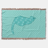 日本の猫 - ターコイズ色の着物柄 スローブランケット (正面)