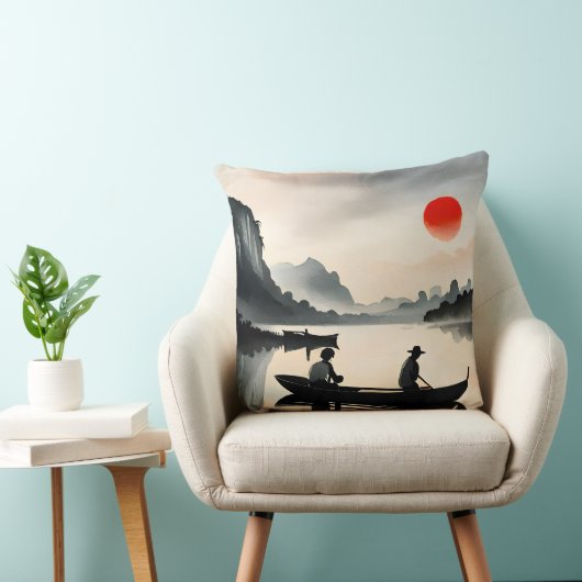 日本の男性が舟を漕ぐ夕河川の風景 クッション (椅子)
