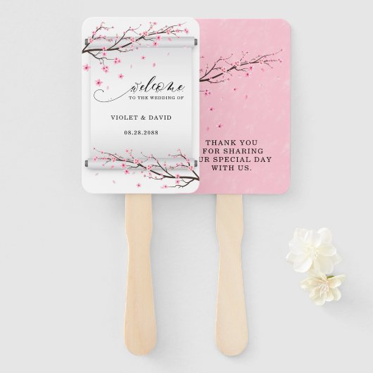 日本の白スクロールさくらんぼ花結婚の木 ハンドファン (正面&裏面)