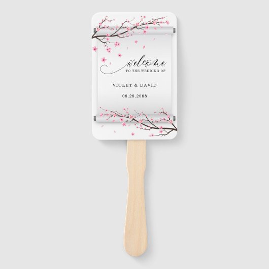 日本の白スクロールさくらんぼ花結婚の木 ハンドファン (正面)