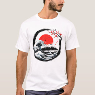 日本の神奈川沖浪裏と富士山の円相アート Tシャツ