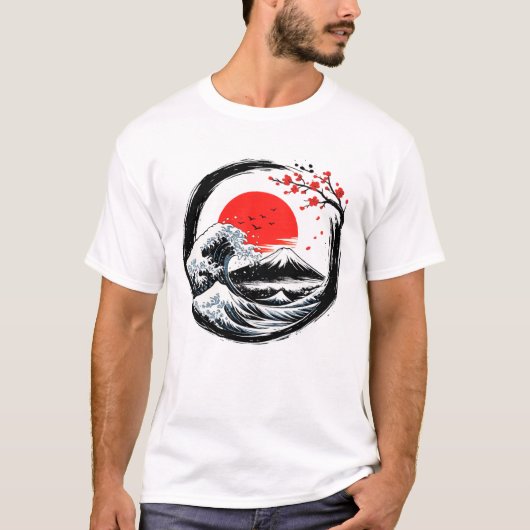 日本の神奈川沖浪裏と富士山の円相アート Tシャツ (正面)