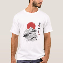 日本の禅の山と赤い太陽の水墨画アート Tシャツ