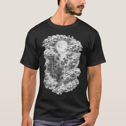 日本の竹林Tシャツ | 満月浮世絵 Tシャツ (正面)